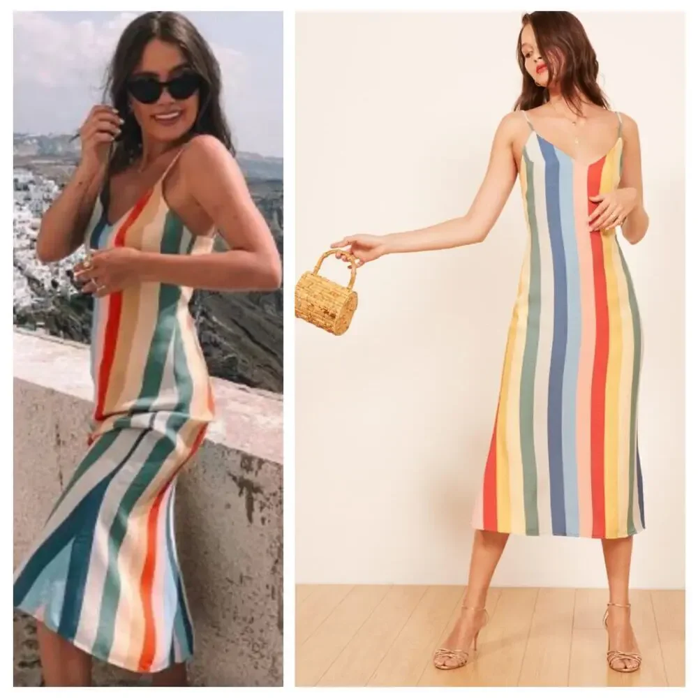 Reformation Rainbow Midi Dress 2 XS Striped V-neck spaghetti strap multicolor - Picture 1 of 11